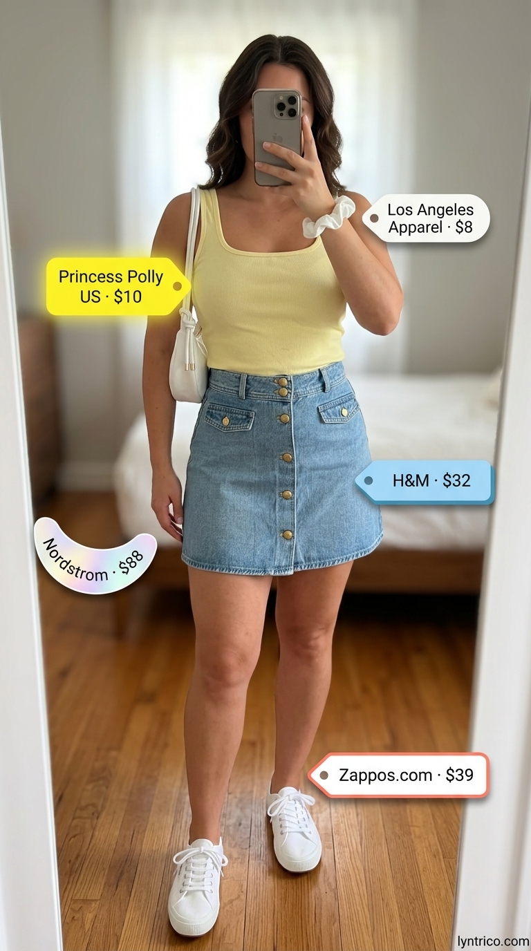 Cute casual summer outfits for women 2026: Denim mini skirt, pastel yellow crop top, white sneakers, shoulder bag.