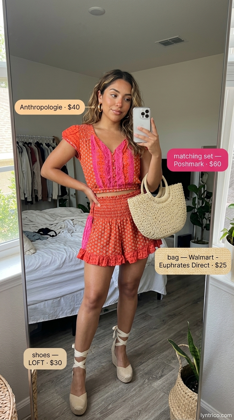 Cute casual summer outfits for women 2026: Hot pink floral matching set, straw hat, espadrilles for beach club.