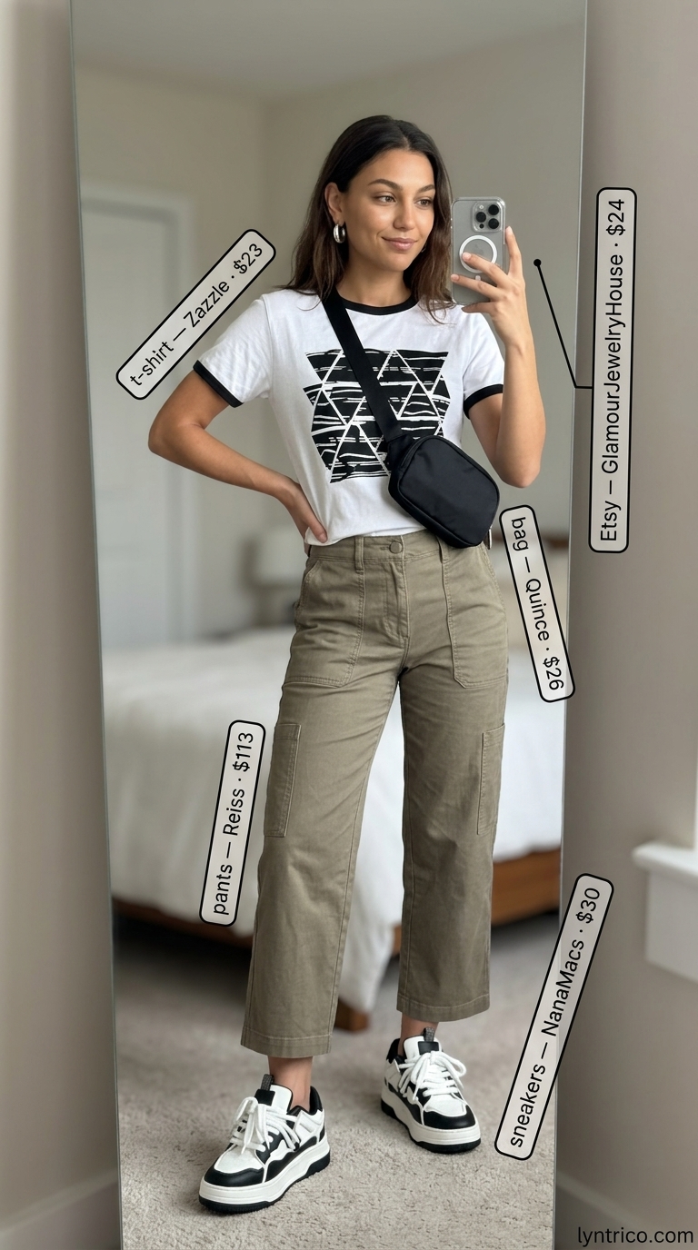 Cute casual summer outfits for women 2026: Khaki cargo pants, graphic tee, chunky sneakers, belt bag for city exploration.