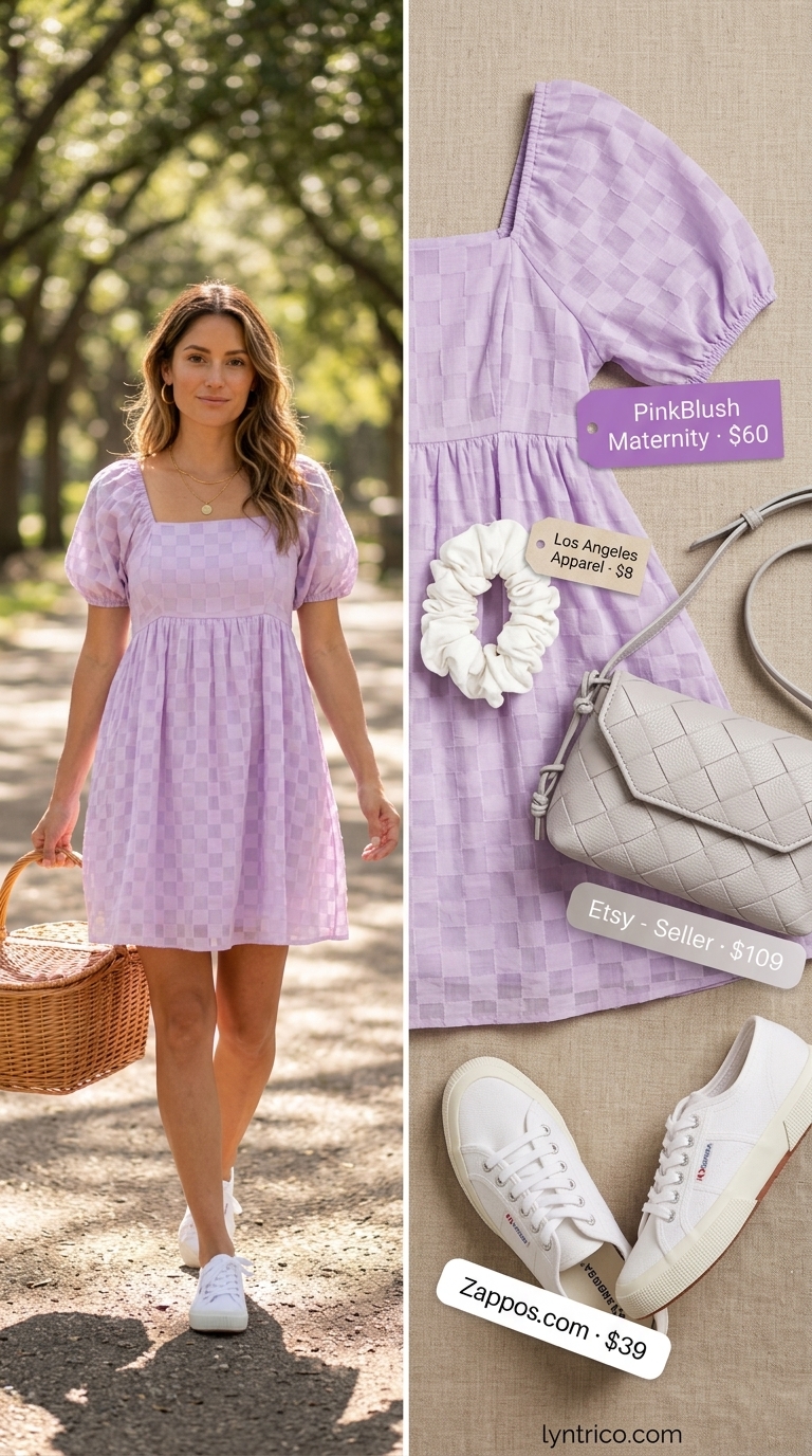 Cute casual summer outfits for women 2026: Lavender babydoll dress, white sneakers, crossbody bag for park picnic.