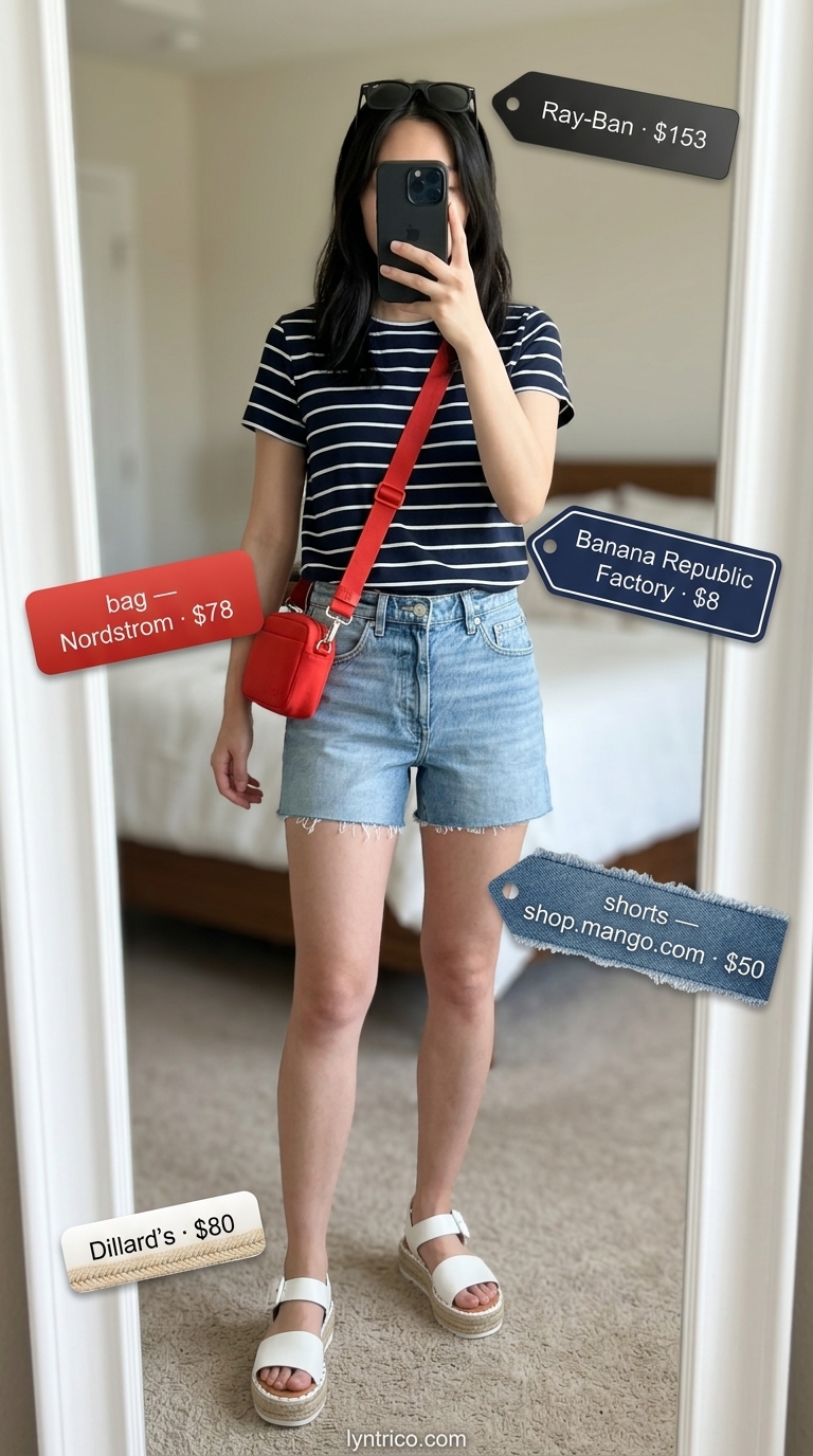 Cute casual summer outfits for women 2026: Nautical stripe top, denim shorts, red crossbody bag, espadrilles for beach day.