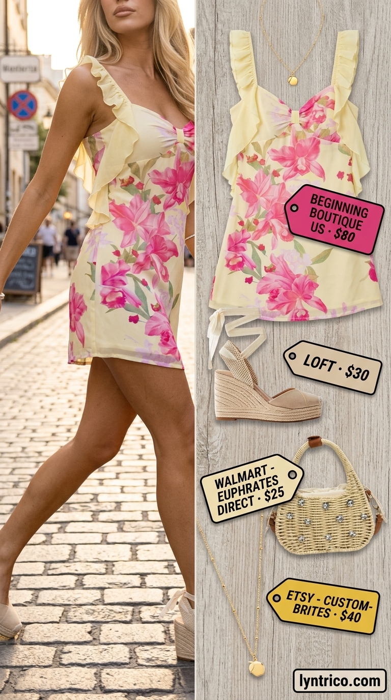 Cute casual summer outfits for women 2026: Lemon yellow floral mini dress, espadrilles, straw bag for weekend brunch.