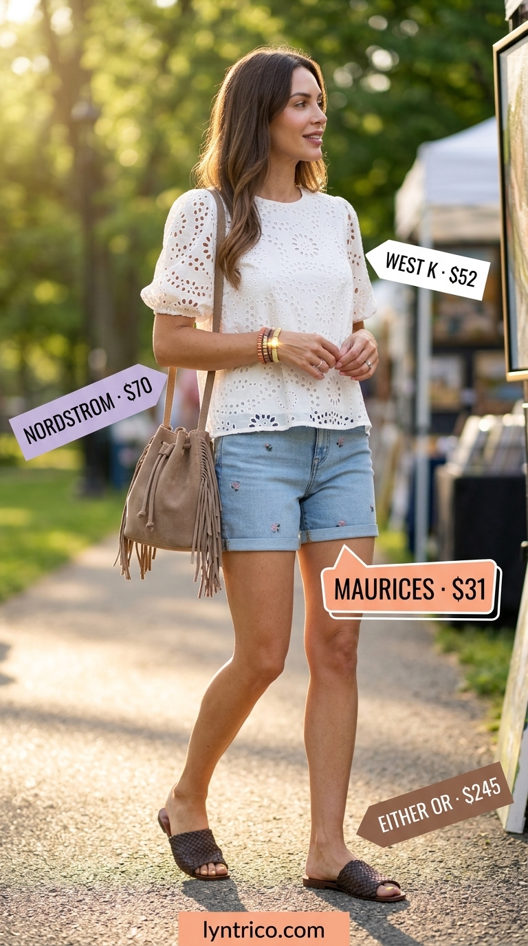 Cute summer denim shorts for women 2026: Medium blue embroidered shorts, white eyelet top, peach bag for art fairs.