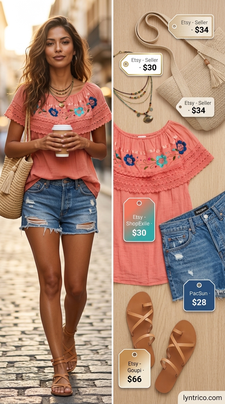 Cute summer denim shorts for women 2026: Distressed mid-rise shorts, coral peasant top, straw tote for beach day style.