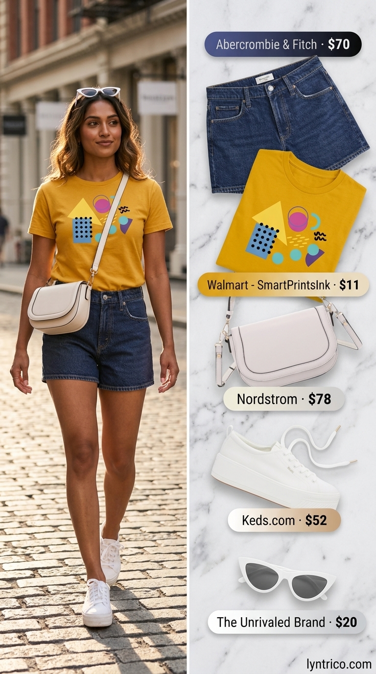 Cute summer denim shorts for women 2026: Dark blue cuffed shorts, mustard graphic tee, white sneakers & sunglasses for city adventures.