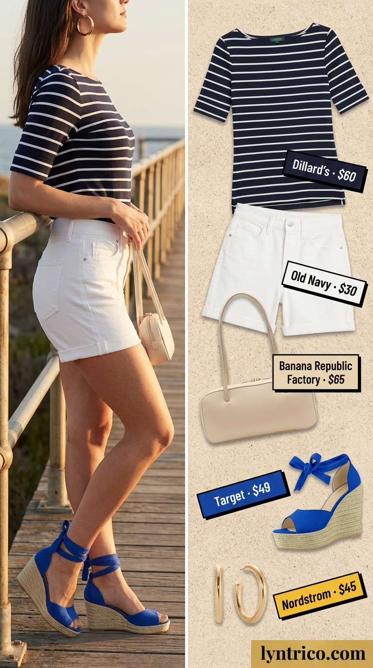 Cute summer denim shorts for women 2026: White tailored shorts, navy stripe top, espadrilles for coastal chic.