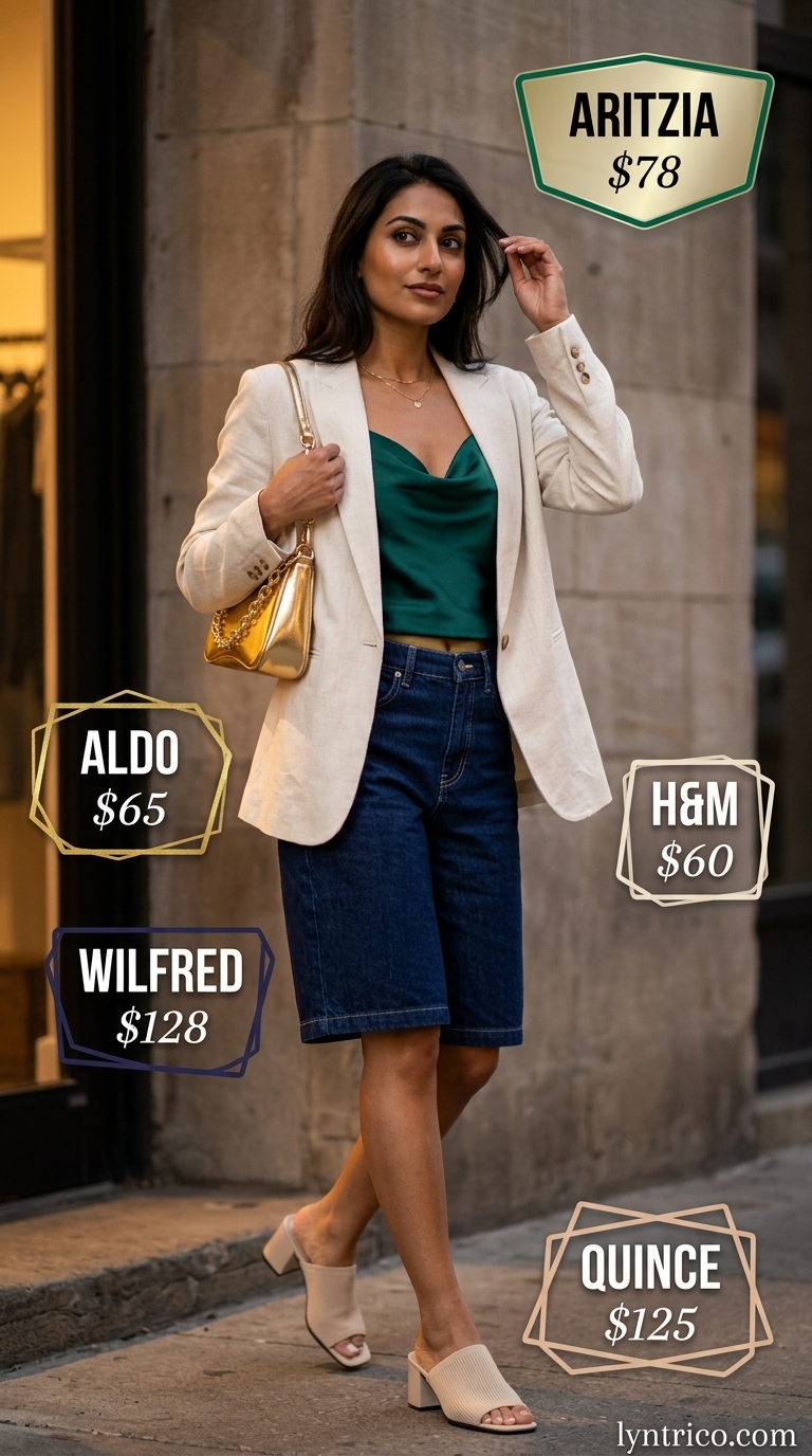 Cute summer denim shorts for women 2026: Dark wash tailored shorts, emerald green camisole, linen blazer for evening drinks.