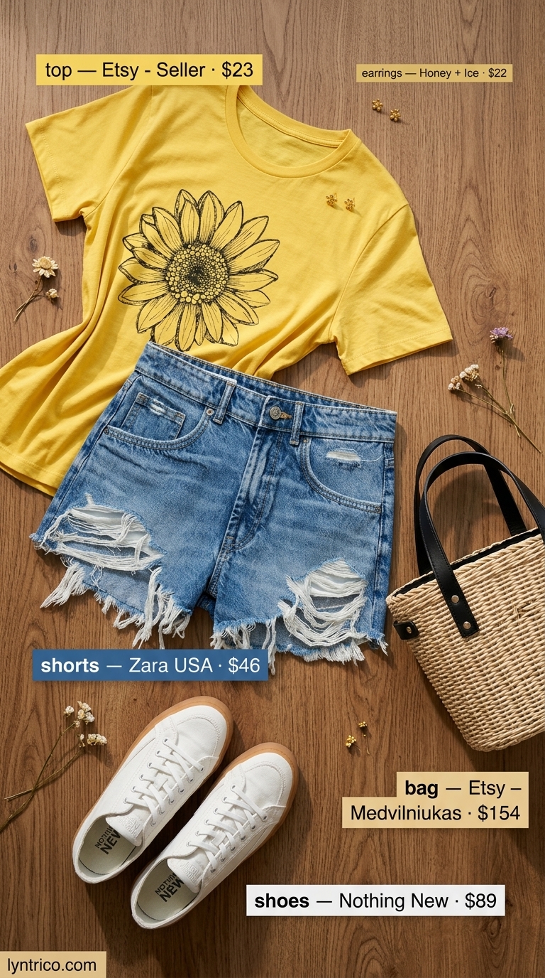 Cute summer denim shorts for women 2026: Medium blue vintage shorts, yellow graphic tee, straw bag, gold earrings for farmers market.