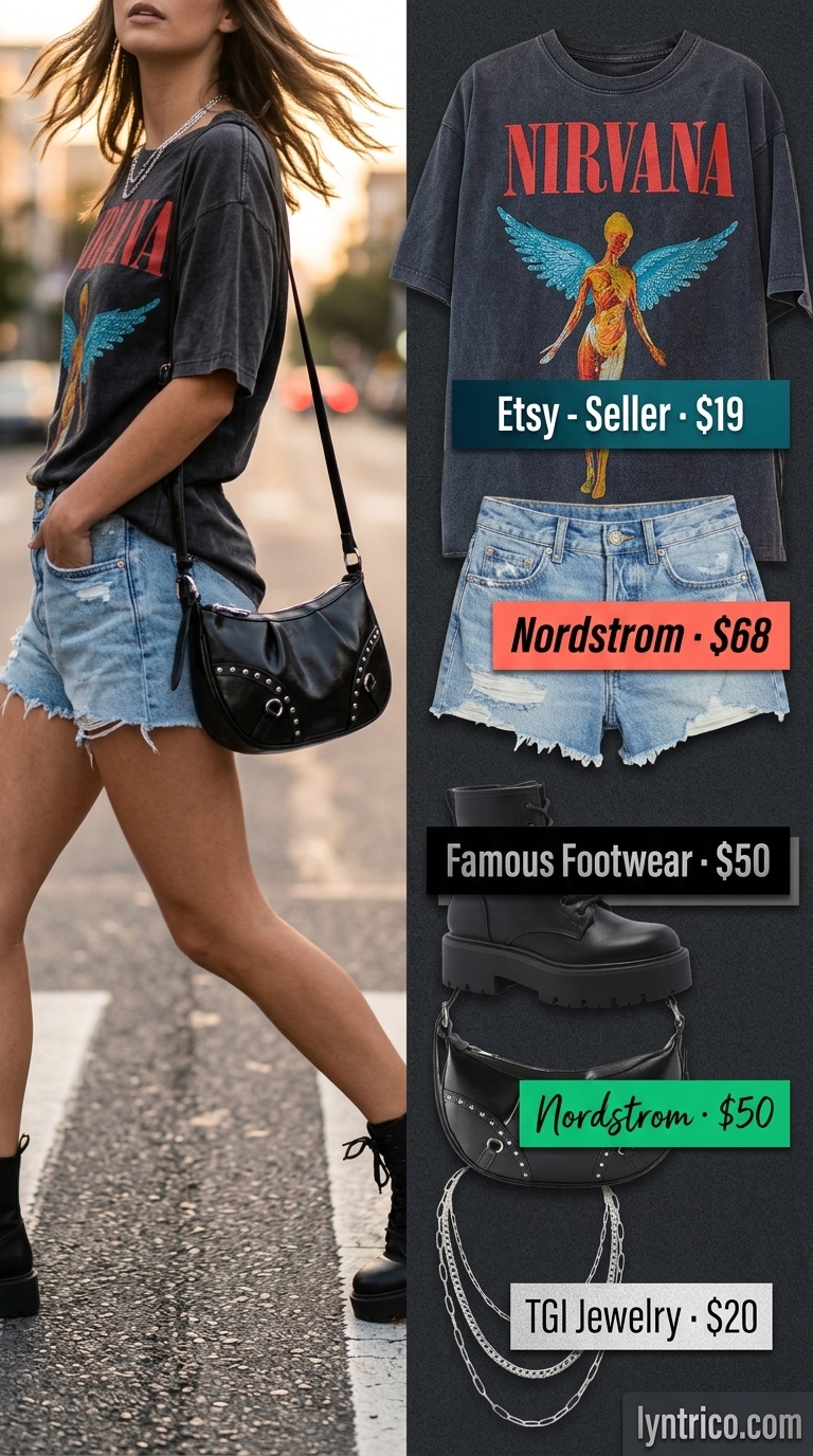 Cute summer denim shorts for women 2026: Dark wash distressed shorts, band tee, combat boots for festival edge.