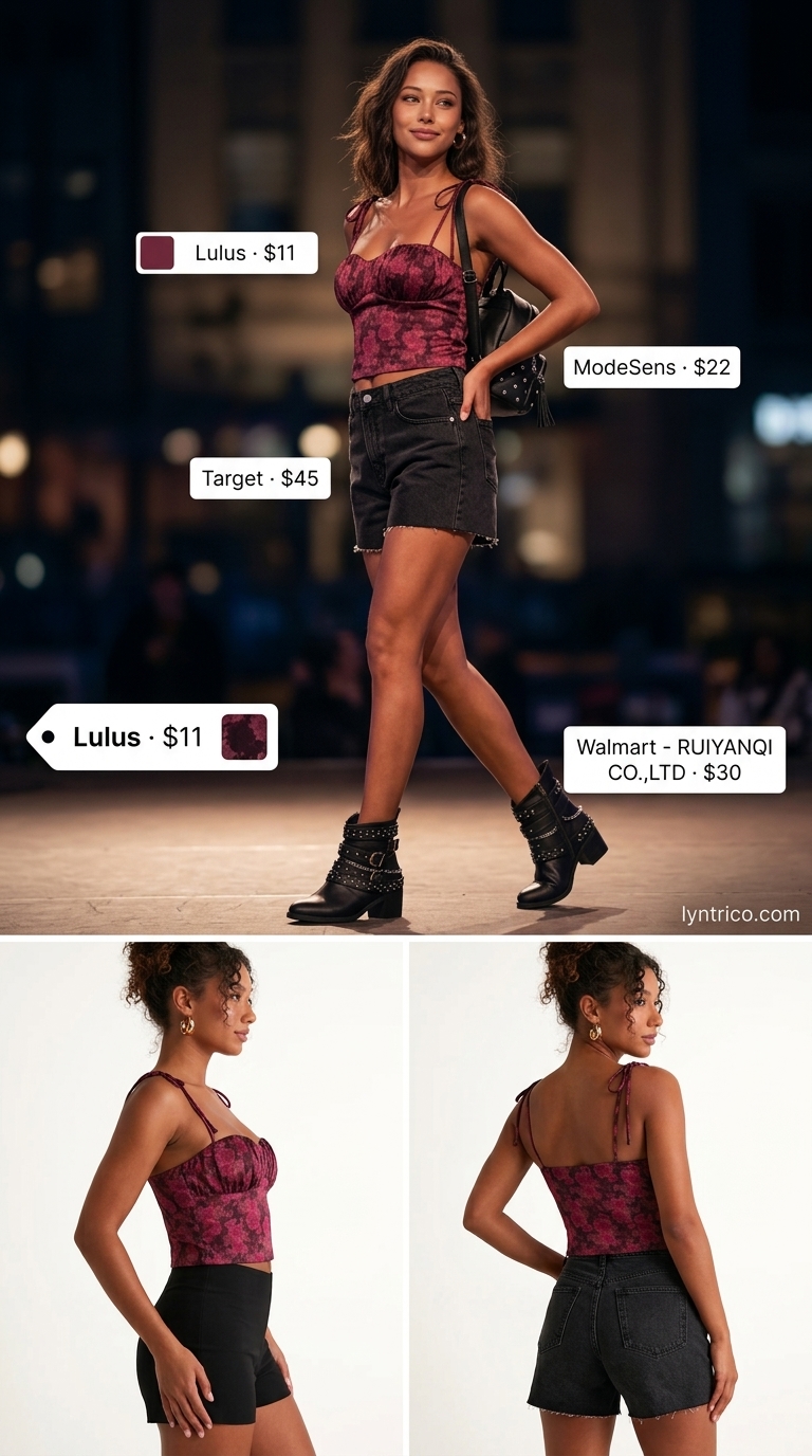 Cute summer denim shorts for women 2026: Black raw hem shorts, floral satin crop top, ankle boots for festival nights.