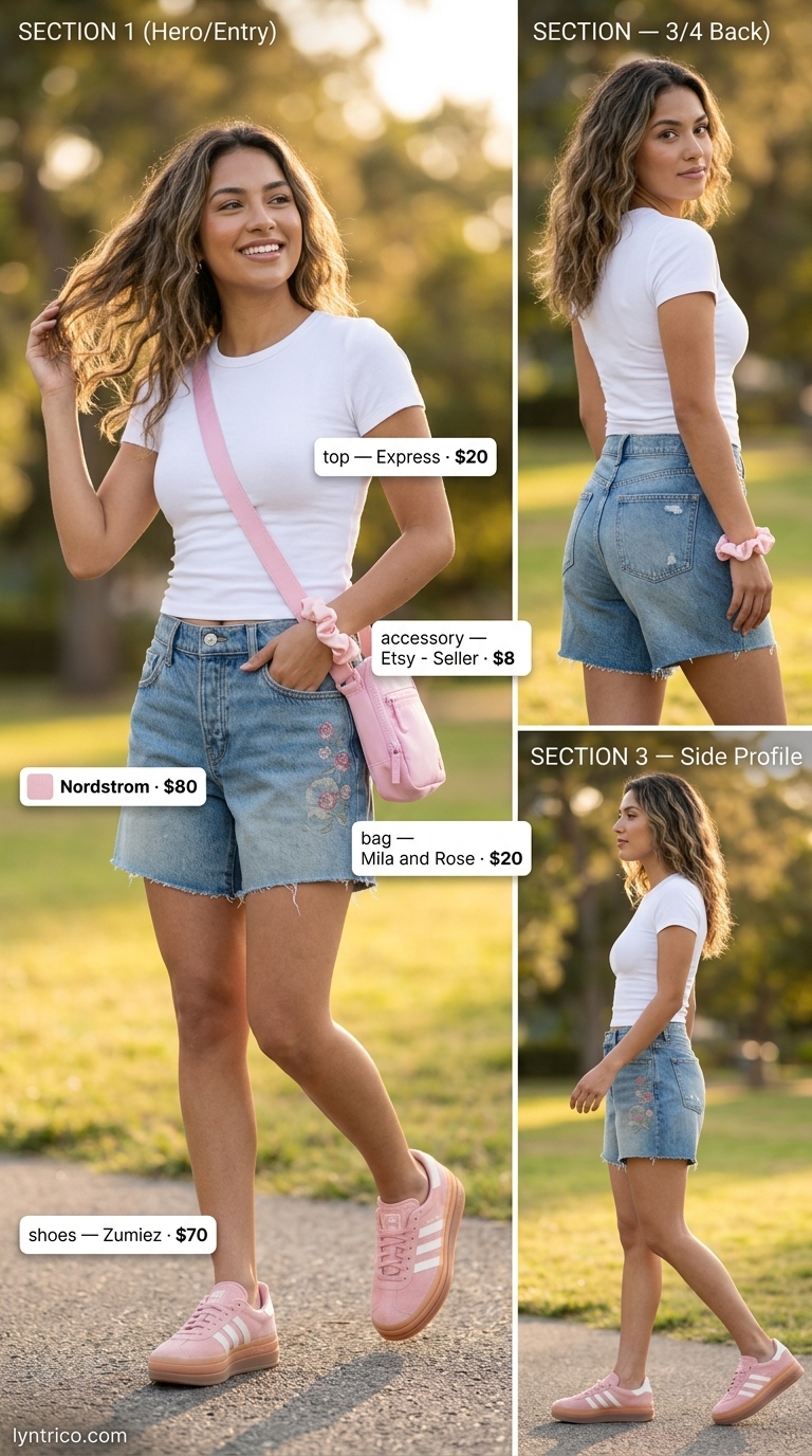 Cute summer denim shorts for women 2026: High-waist floral shorts, pink bag, white tee, platform sneakers for park day.