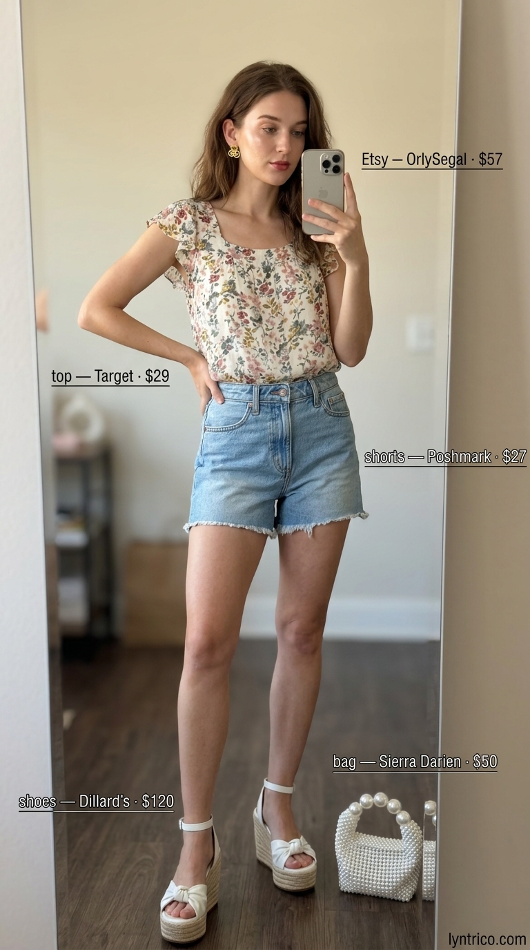 Cute summer denim shorts for women 2026: Light pink cuffed shorts, floral blouse, espadrille wedges for a garden party.