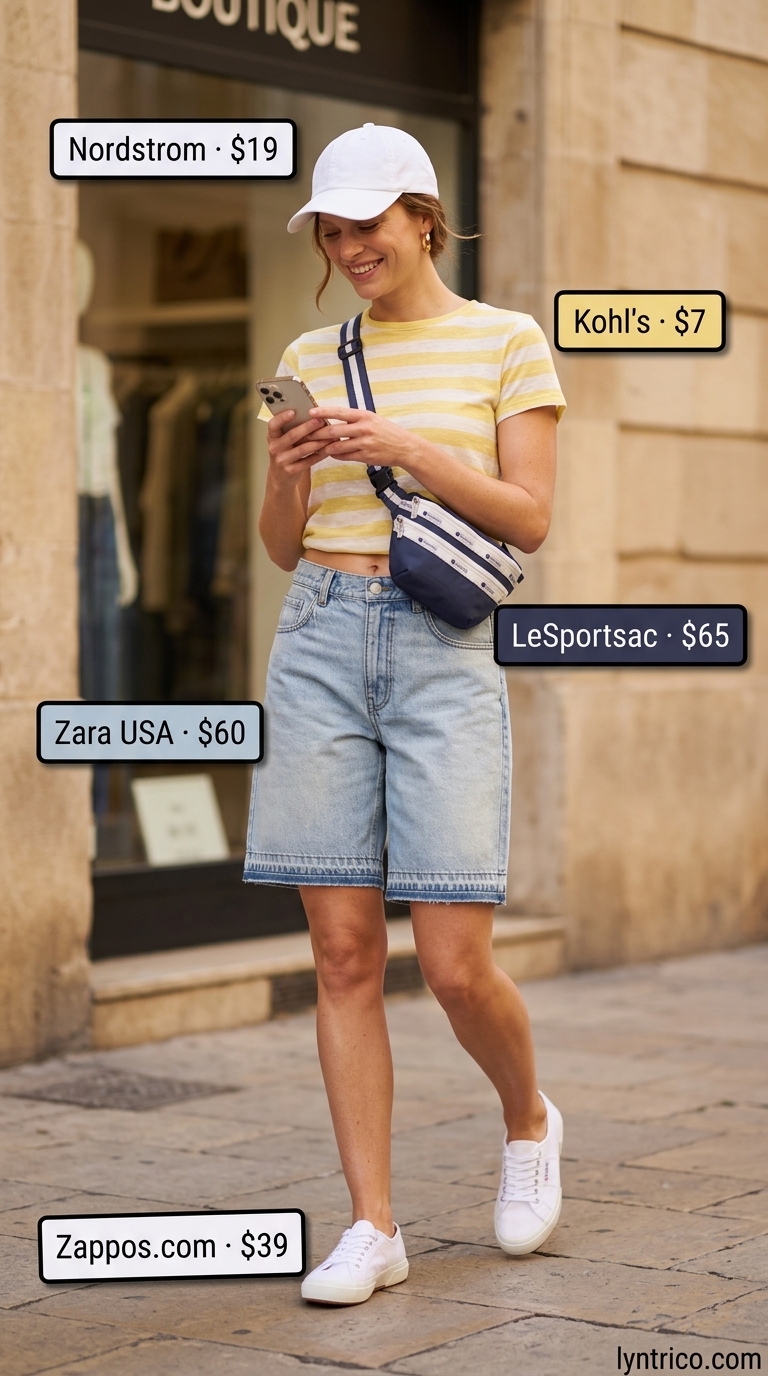 Cute summer denim shorts for women 2026: Light blue Bermuda shorts, striped tee, white cap for lakeside trips.