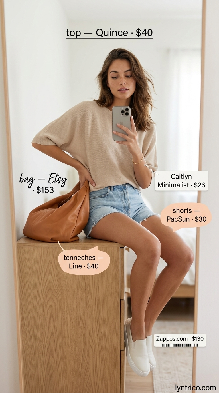 Cute summer denim shorts for women 2026: Light blue high-rise shorts, oatmeal sweater, tan bag for weekend brunch.