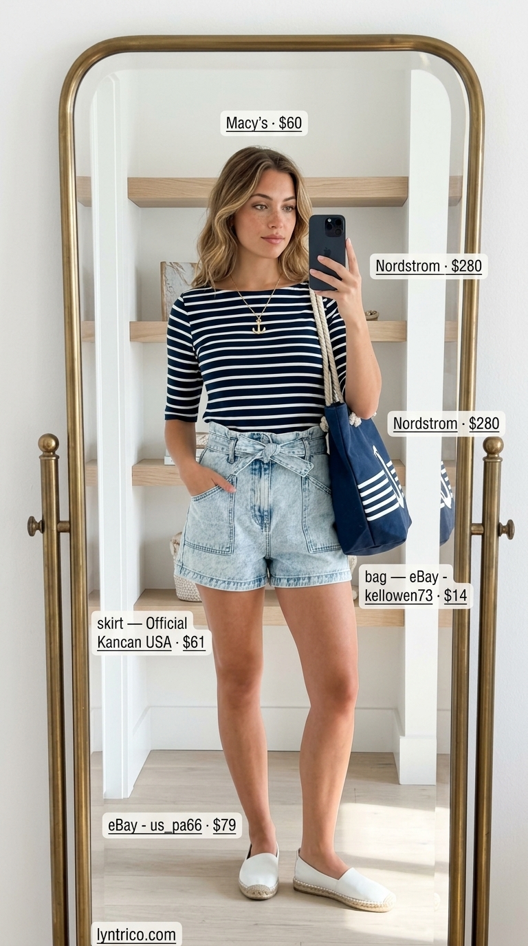 Cute summer denim shorts for women 2026: Medium blue paper-bag shorts, striped top, espadrilles for a coastal trip.