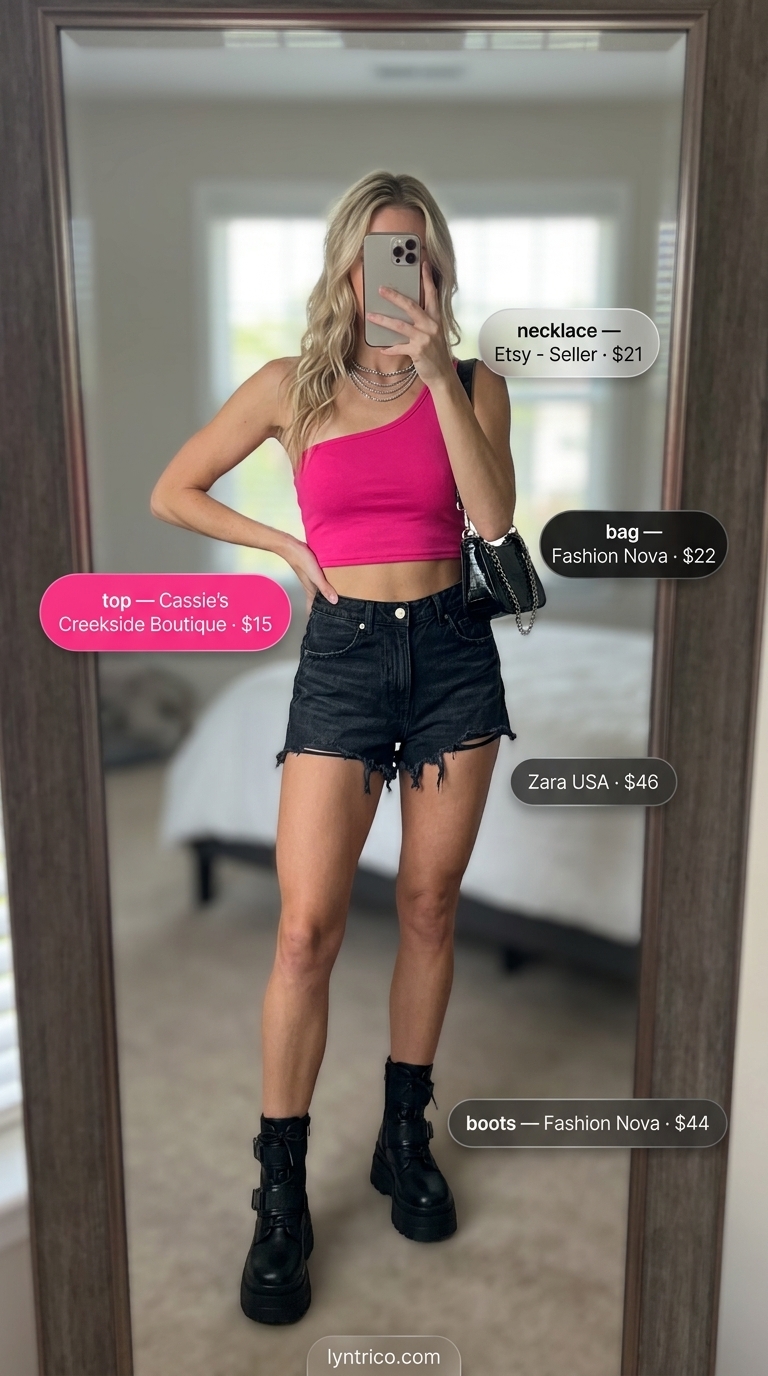 Cute summer denim shorts for women 2026: Black distressed shorts, hot pink crop top, combat boots for a night out.