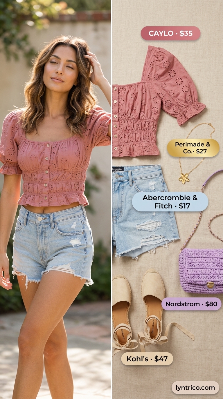 Cute summer denim shorts for women 2026: Light wash frayed shorts, white eyelet top, espadrilles for a picnic.