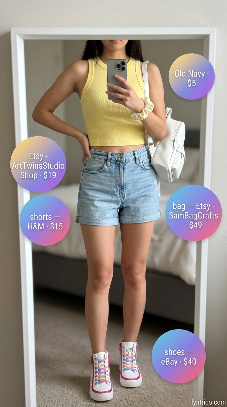 Cute summer denim shorts for women 2026: Mom shorts, pastel yellow crop top, white high-tops for retro fun.