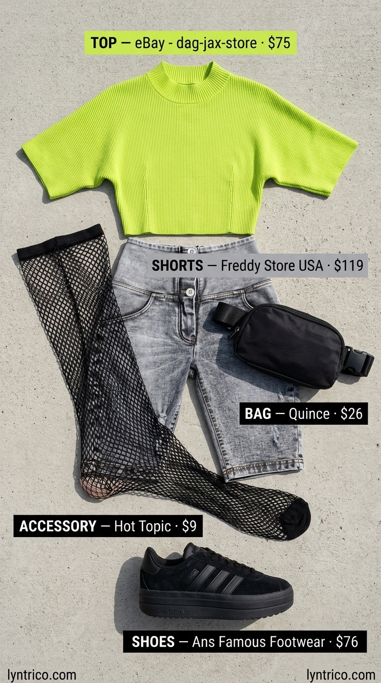 Cute summer denim shorts for women 2026: Grey acid wash shorts, neon green top, platform sneakers for a retro vibe.