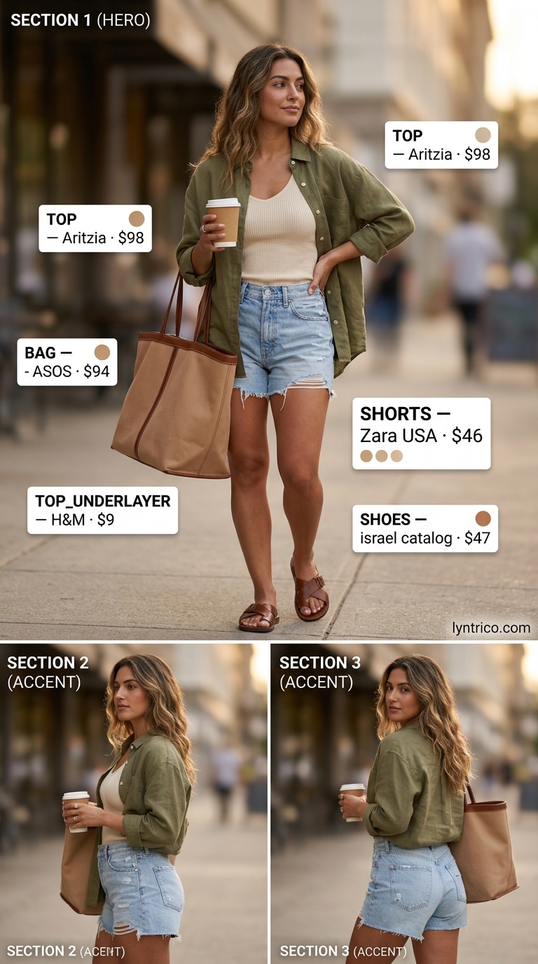 Cute summer denim shorts for women 2026: Ripped light wash shorts, olive green shirt, cream tank for road trip.