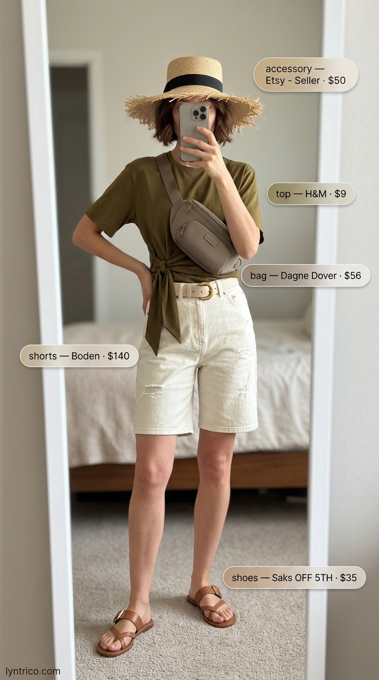 Cute summer denim shorts for women 2026: Ecru Bermuda shorts, olive utility shirt, straw hat for travel adventures.