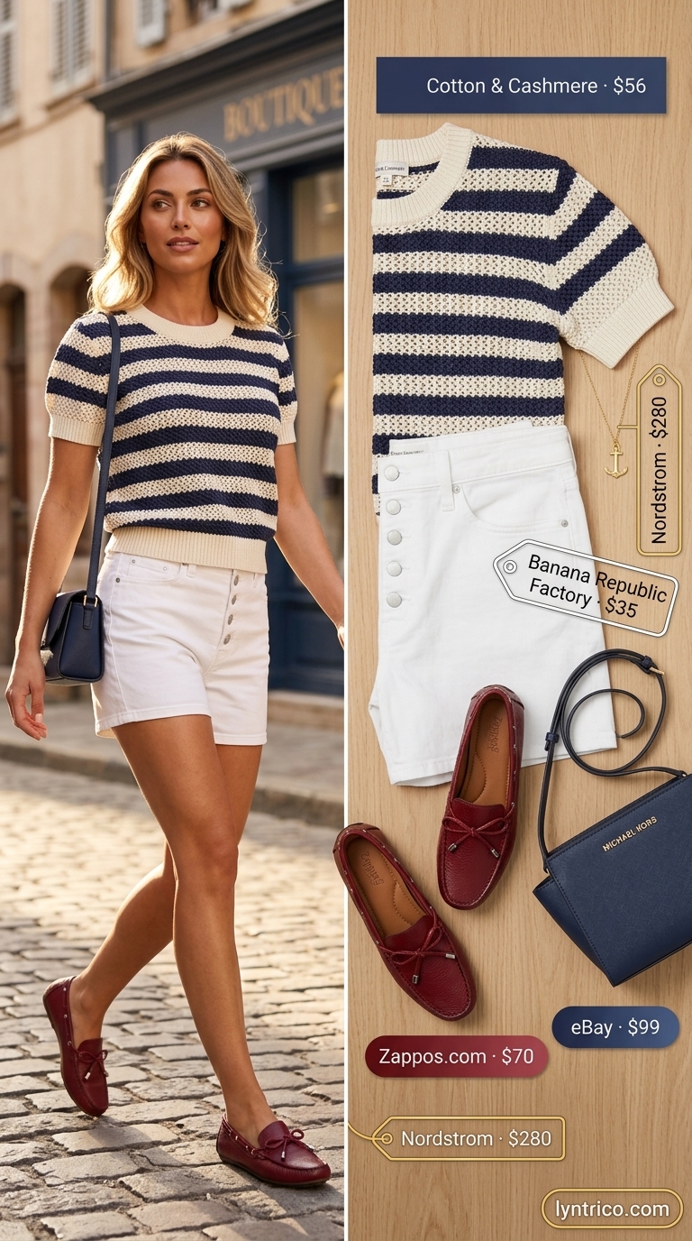 Cute summer denim shorts for women 2026: White tailored shorts, navy stripe knit top, red loafers for seaside elegance.