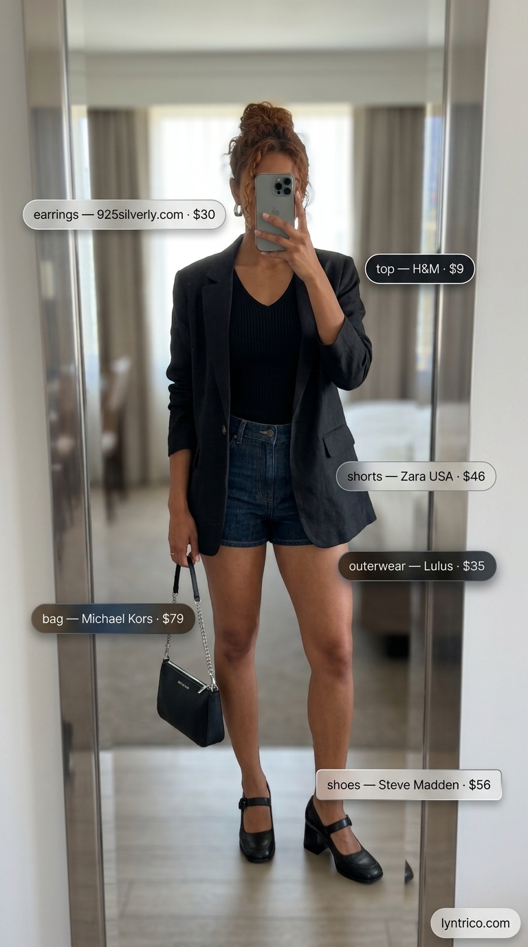 Cute summer denim shorts for women 2026: Tailored dark wash shorts, black blazer, black loafers for upscale brunch.