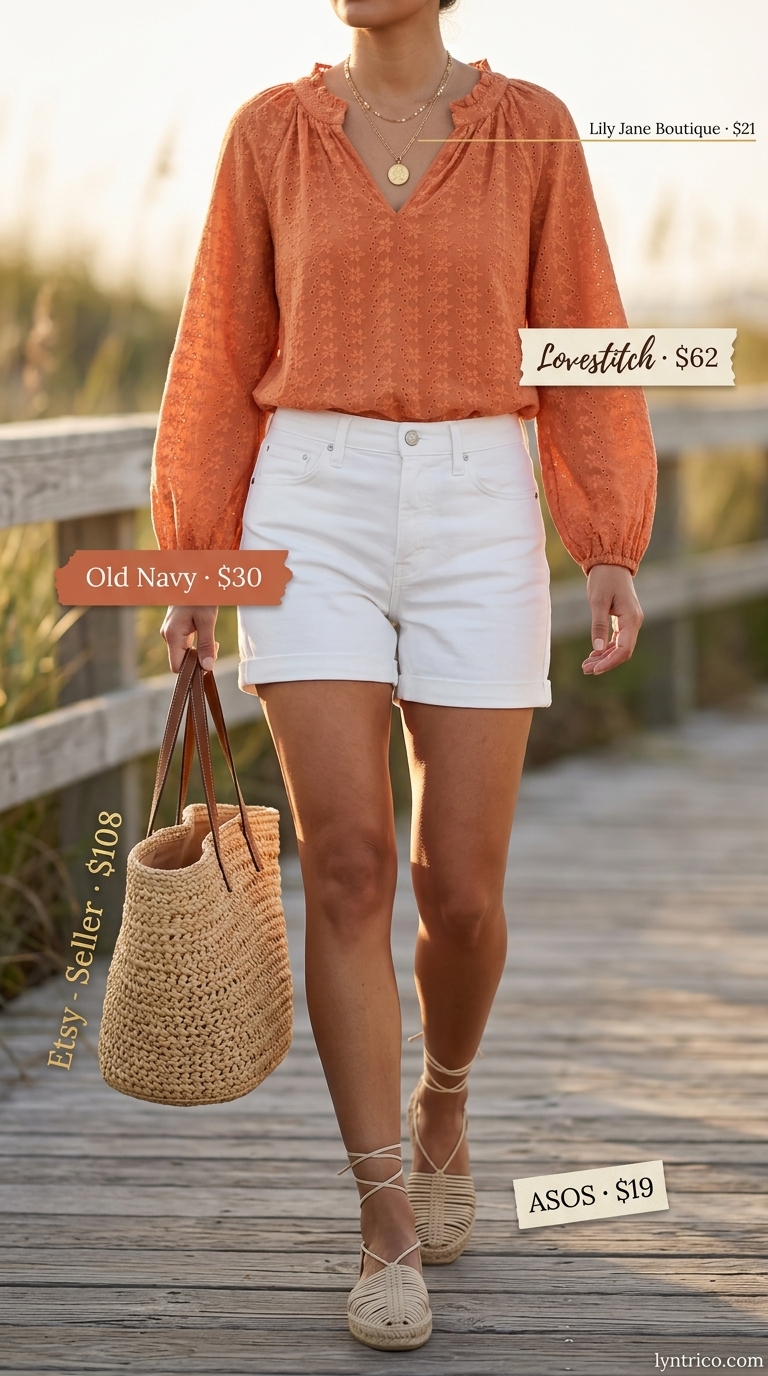Cute summer denim shorts for women 2026: White cuffed shorts, terracotta peasant top, straw tote for beach day.