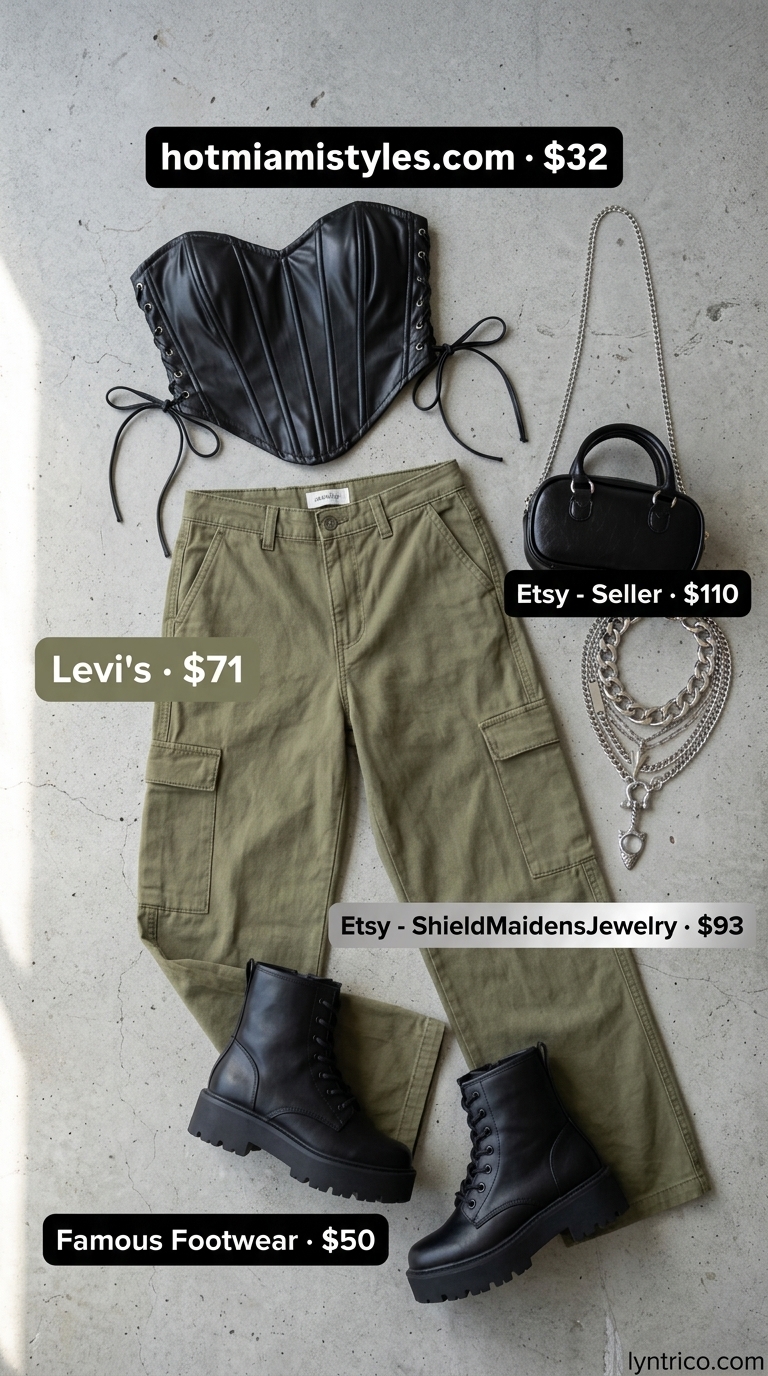 Edgy Urban Summer Outfit 2026 Edgy urban outfit inspo summer for women 2026: Khaki cargo pants, corset top, combat boots, silver chains.