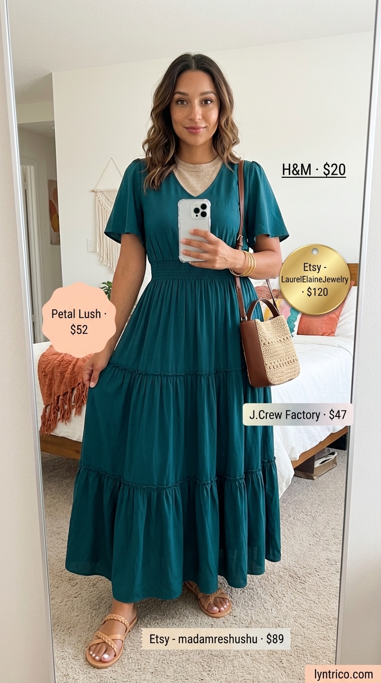 Bohemian maxi dress in deep teal for every day summer basics outfits for women 2026. Relaxed and vibrant.