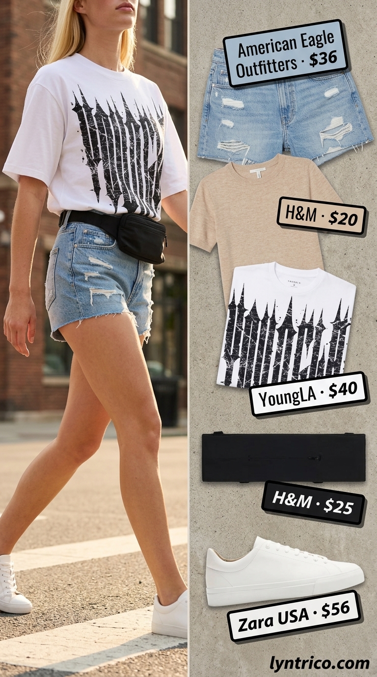 Denim shorts and graphic tee for every day summer basics outfits for women 2026. Casual weekend style.