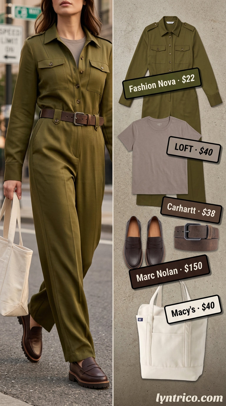 Effortless utility jumpsuit outfit for every day summer basics 2026. Khaki jumpsuit, brown loafers, canvas tote.