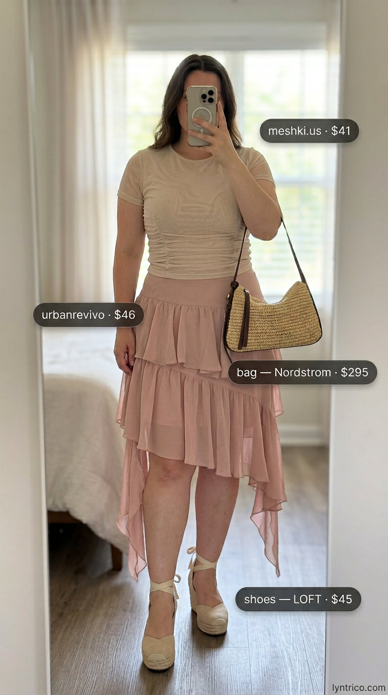 Effortless midi skirt outfit in blush pink for every day summer basics outfits for women 2026. Feminine.