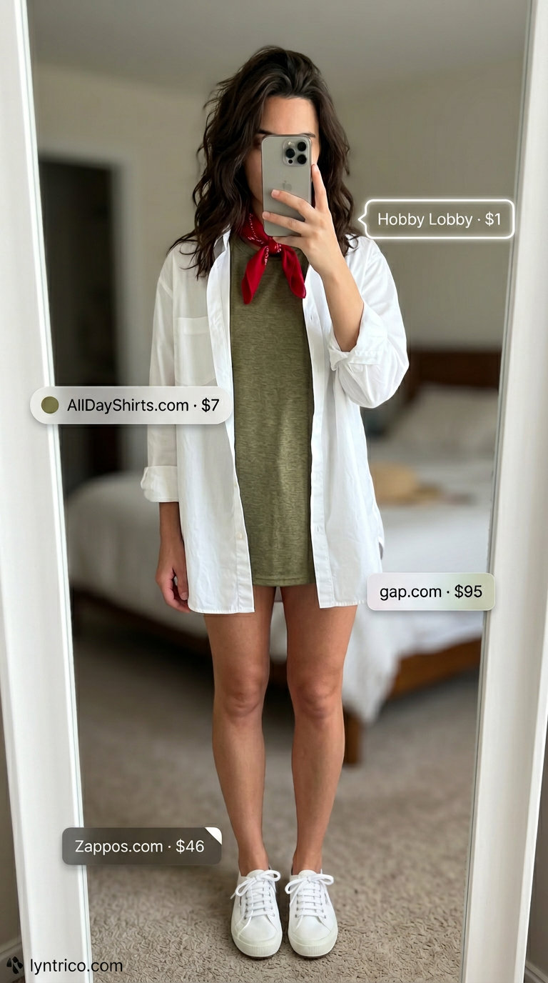 Denim shorts and oversized shirt for every day summer basics outfits for women 2026. Casual explorer look.