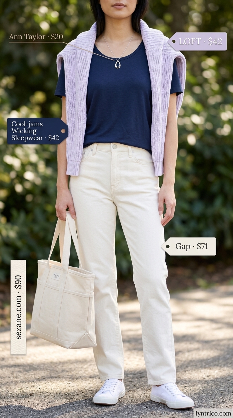 Casual knit sweater comfort outfit for every day summer basics 2026. Lavender sweater, white jeans, sneakers, tote.