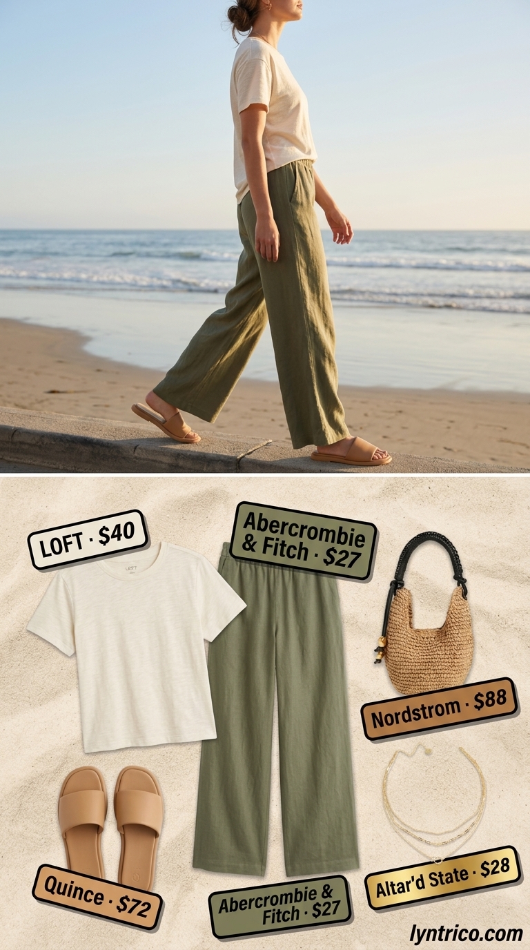 Sunny day linen pants outfit for every day summer basics 2026. Cream linen pants, olive tank, flat sandals, crossbody.