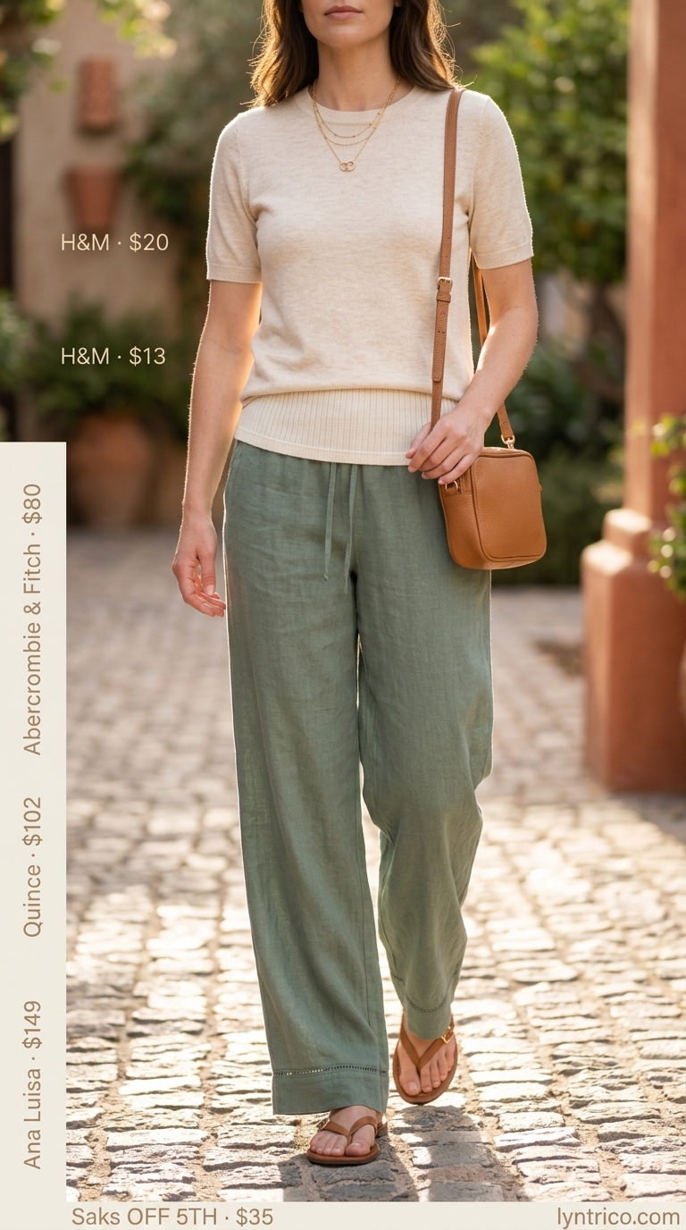 Golden hour linen pants outfit for every day summer basics 2026. Sage linen pants, cream tank, slides, crossbody.