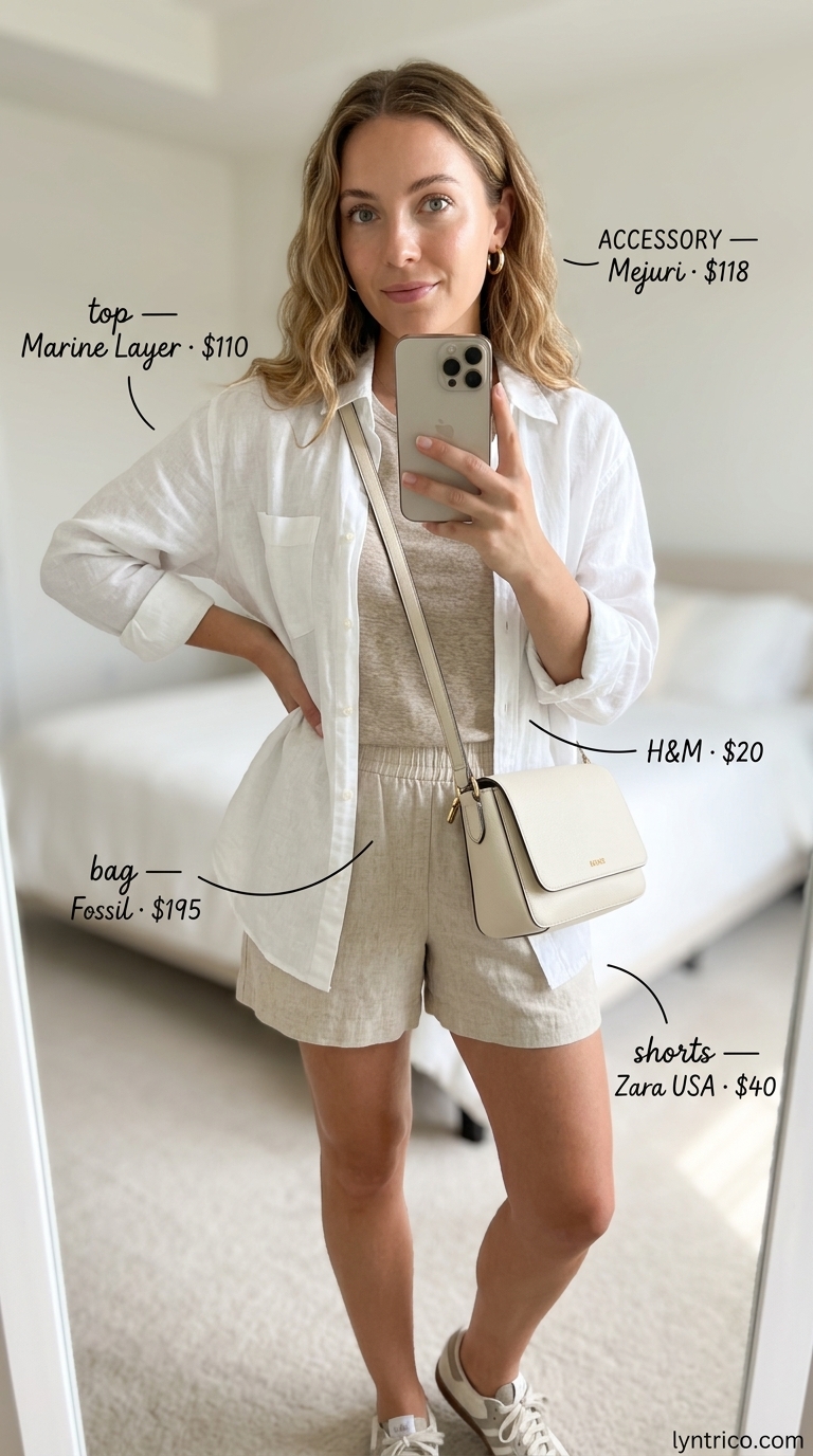 White linen shirt and shorts set for every day summer basics outfits for women 2026. Relaxed beach style.