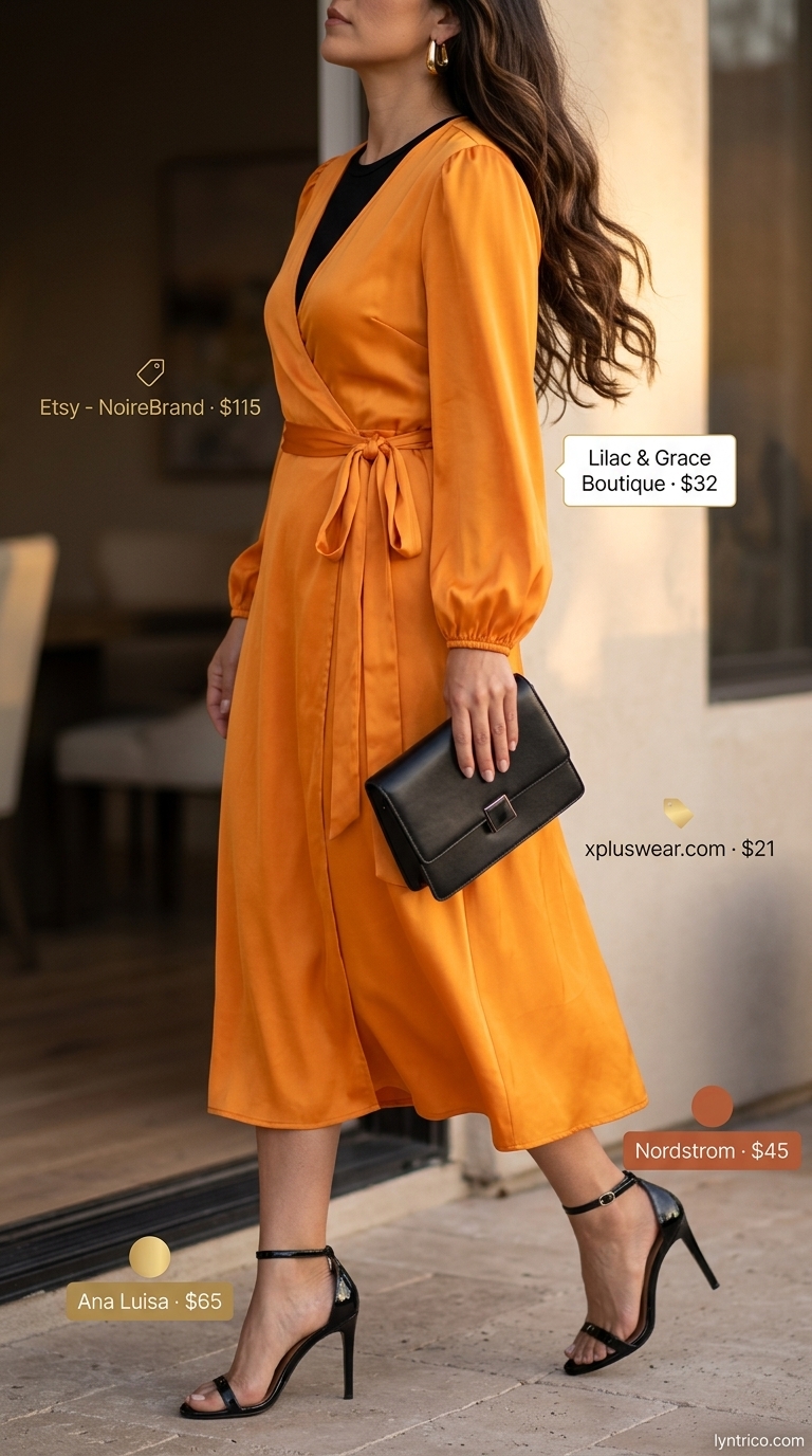 Mango orange midi wrap dress for every day summer basics outfits for women 2026. Sophisticated date night look.