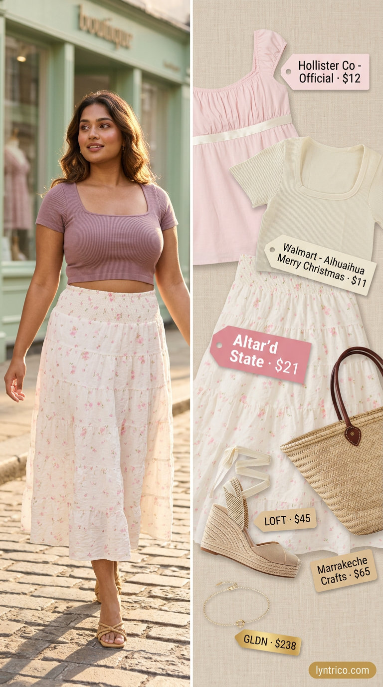 Midi skirt and crop top outfit for every day summer basics outfits for women 2026. Feminine and fresh.