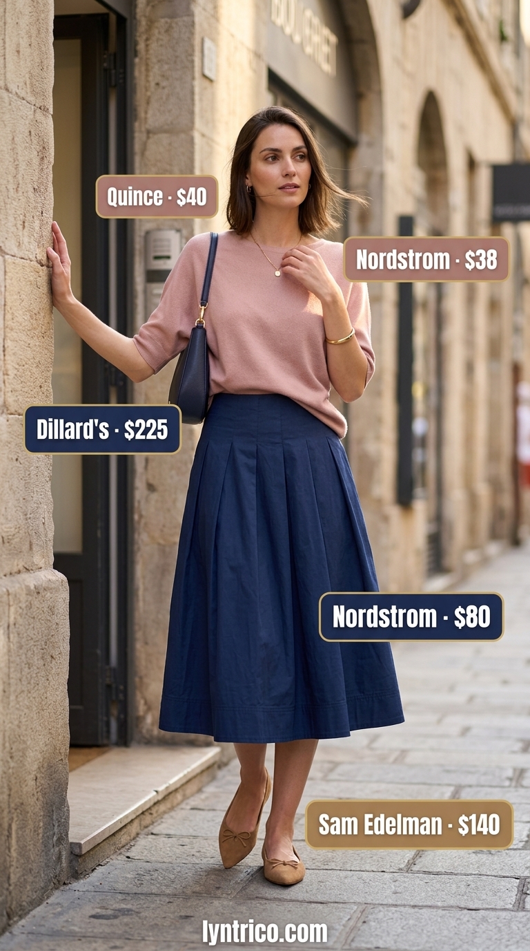 Midi skirt and knit combo for every day summer basics outfits for women 2026. Navy skirt, beige sweater, ballet flats.