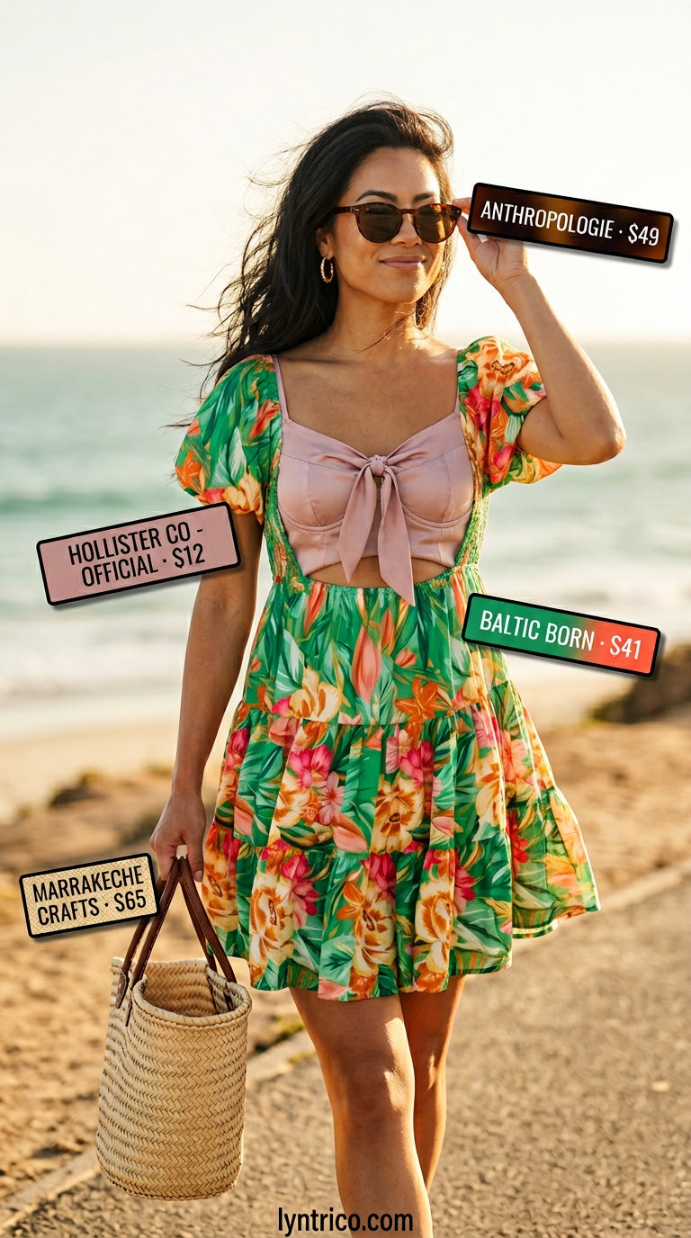 Sunny day mini dress outfit for every day summer basics 2026. Coral floral dress, straw tote, flat sandals.
