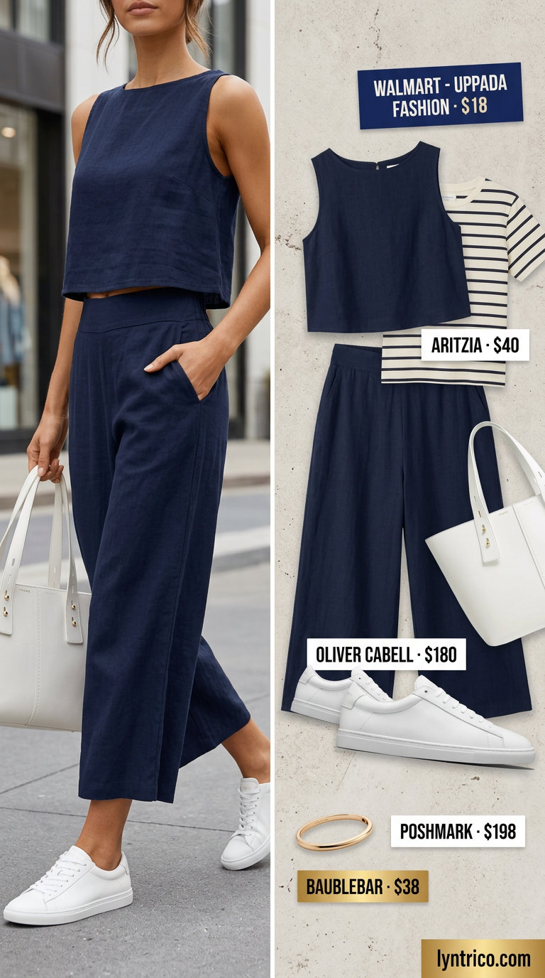 Modern co-ord set for every day summer basics outfits for women 2026. Navy knit set, white sneakers, leather tote.