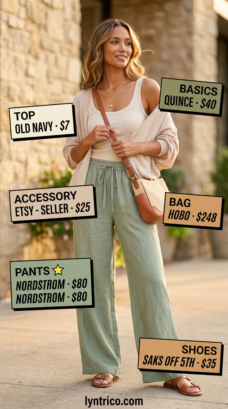 Sunset linen pants outfit in sage green and cream for every day summer basics outfits for women 2026. Chic.