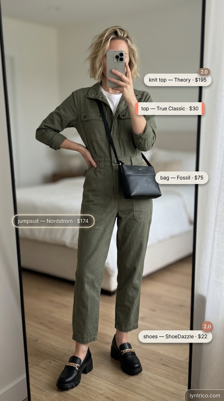 Utility chic jumpsuit outfit for every day summer basics 2026. Khaki jumpsuit, white tee, black loafers & crossbody bag.