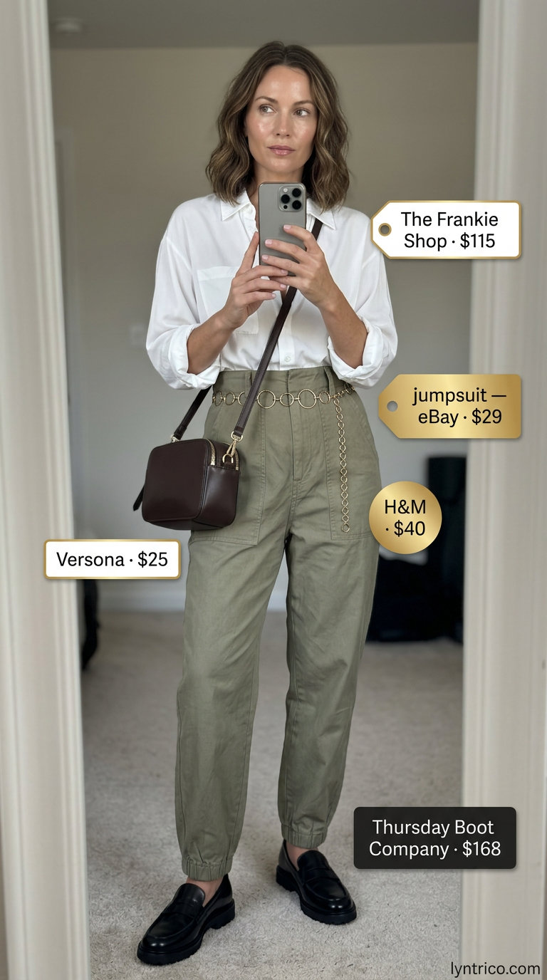 Khaki utility jumpsuit for every day summer basics outfits for women 2026. Stylish travel outfit.