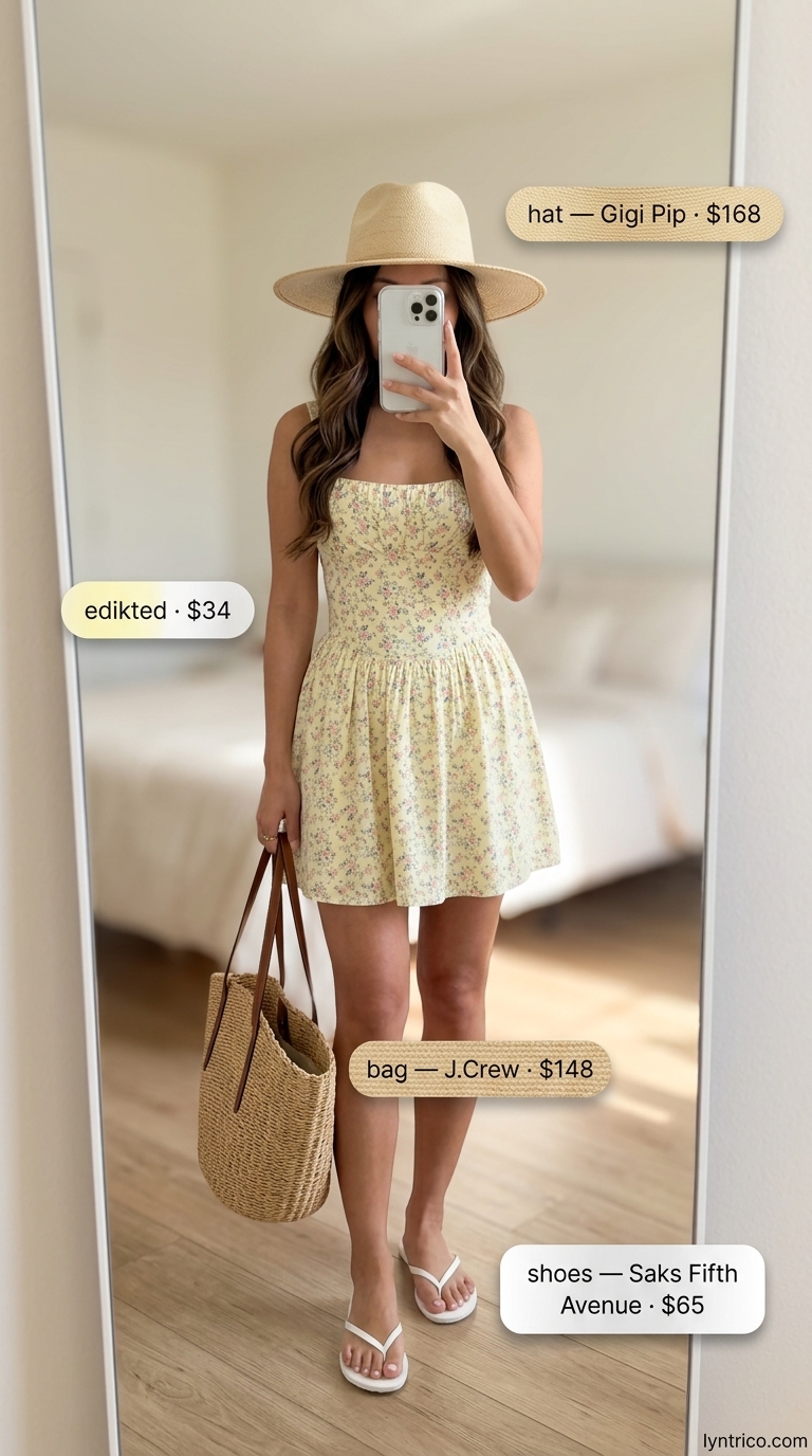 Yellow floral sundress for every day summer basics outfits for women 2026. Cheerful and playful.