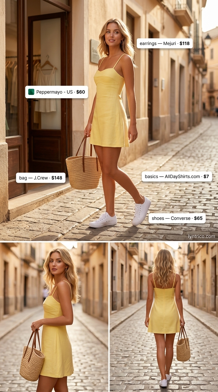 Bright yellow sundress for every day summer basics outfits for women 2026. Cheerful picnic outfit.