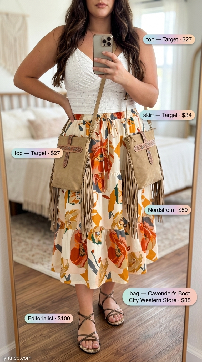 Festival Plus Size Summer Outfits 2026 Flattering plus size summer outfits for women 2026: Terracotta tiered skirt, lace cami, fringe bag, bohemian festival style.