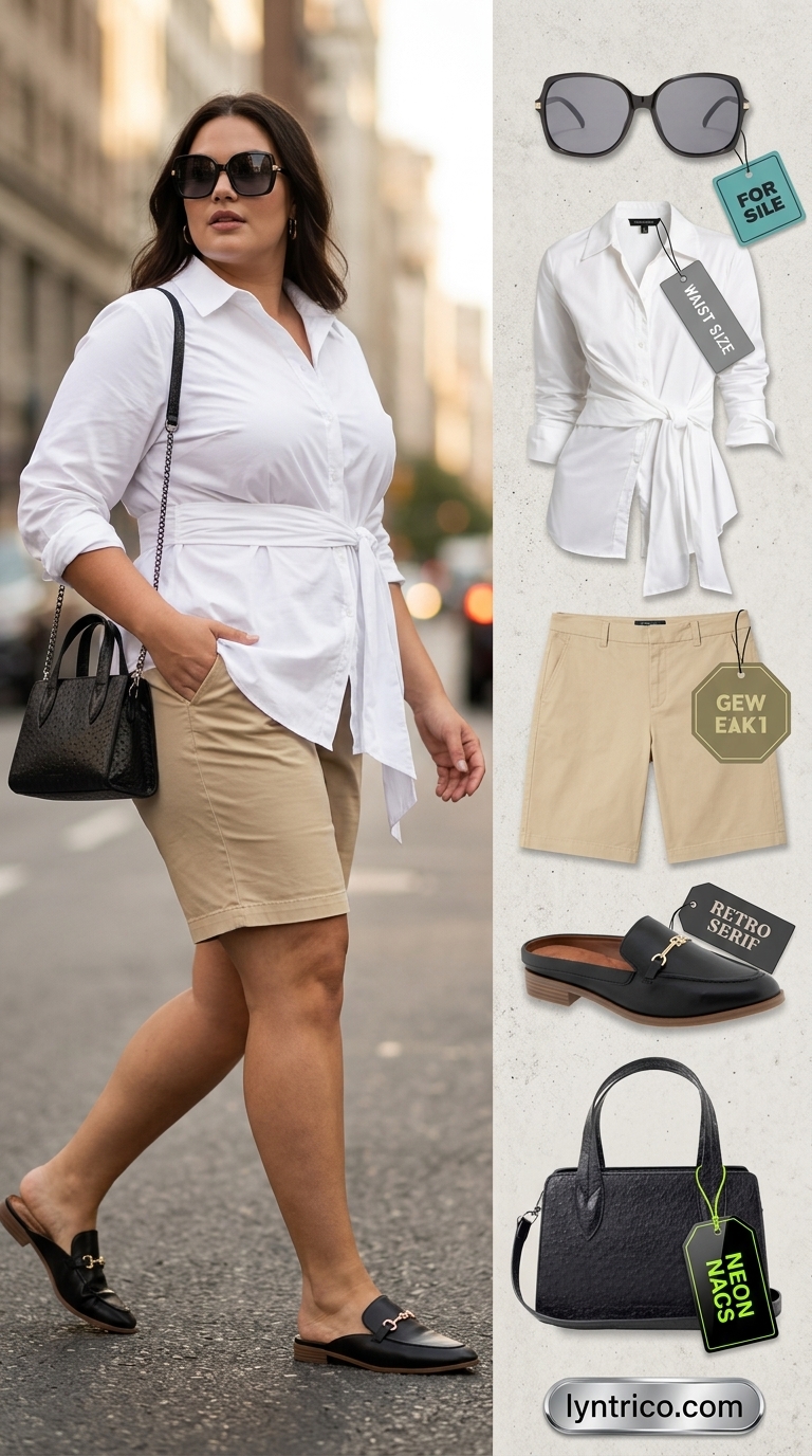 City Safari Plus Size Outfits 2026 Flattering plus size summer outfits for women 2026: Khaki Bermuda shorts, white shirt, black mules, city safari chic style.